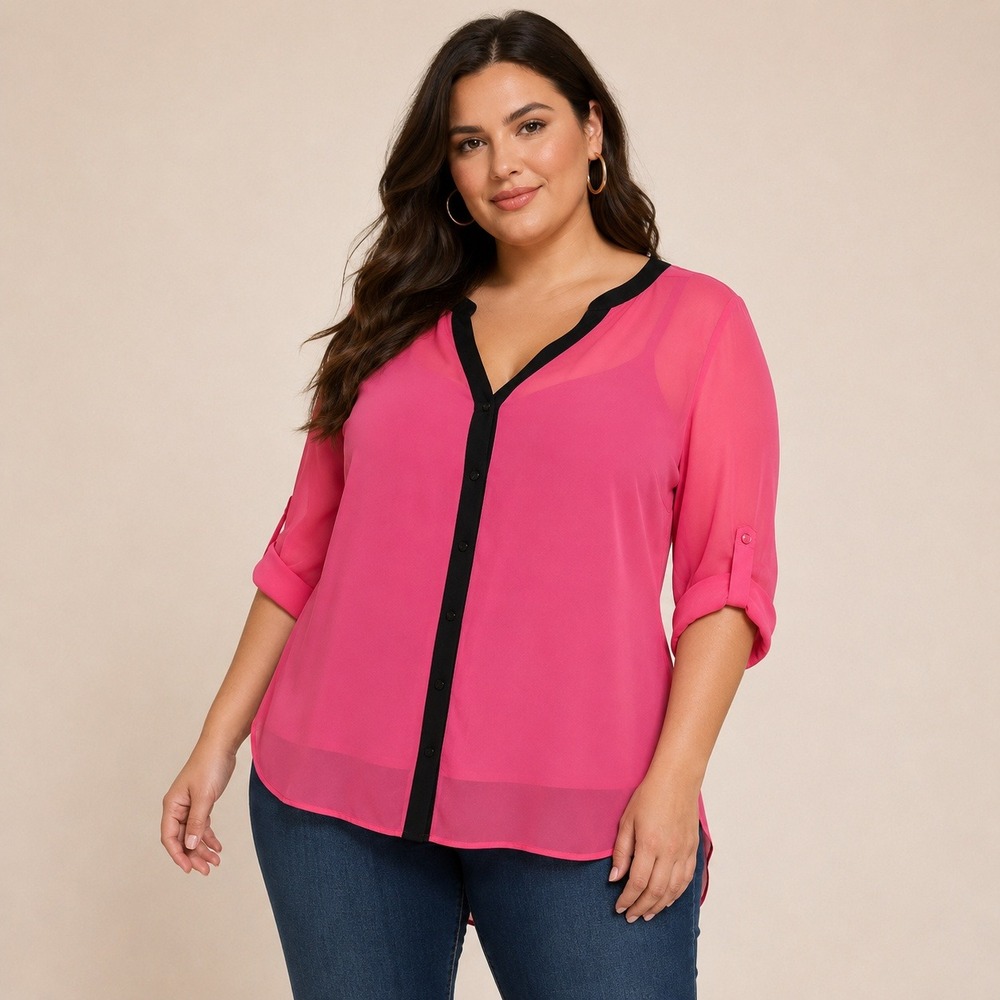 Torrid Pink Sheer Chiffon Blouse Black Trim Roll Tab Button Back Top Barbiecore‎